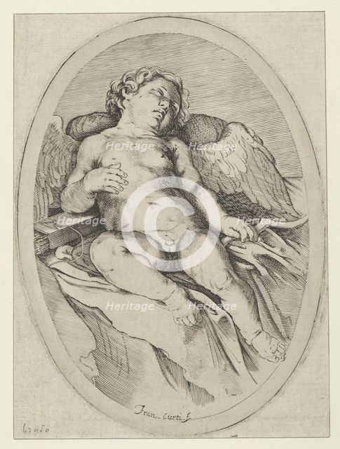 Cupid asleep, resting his right arm on his quiver and his left arm on his bow, an oval ..., 1640-60. Creator: Francesco Curti.
