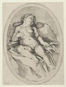 Cupid asleep, resting his right arm on his quiver and his left arm on his bow, an oval ..., 1640-60. Creator: Francesco Curti