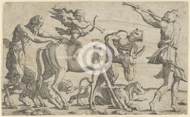Cupid being led blindfolded on a donkey, 1540-56. Creator: Leon Davent.
