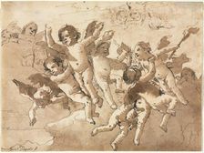 Cupid in the Clouds with Attendant Cherubs, 1757 or after. Creator: Giovanni Domenico Tiepolo (Italian, 1727-1804)