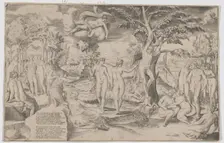 Cupid in the Elysian Fields tied to a tree in the centre, surrounded by many figures, 1563., 1563. Creator: Giulio Bonasone