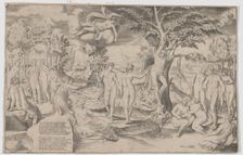 Cupid in the Elysian Fields tied to a tree in the centre, surrounded by many figures, 1563., 1563. Creator: Giulio Bonasone