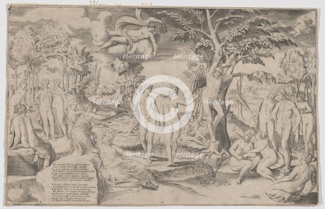 Cupid in the Elysian Fields tied to a tree in the centre, surrounded by many figures, 1563., 1563. Creator: Giulio Bonasone.