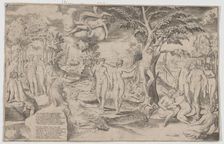 Cupid in the Elysian Fields tied to a tree in the centre, surrounded by many figures, 1563., 1563. Creator: Giulio Bonasone
