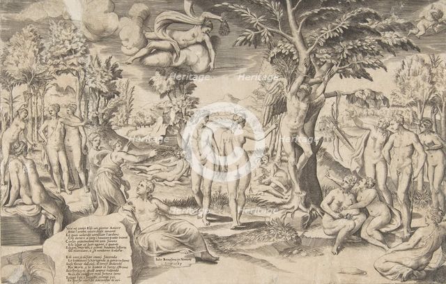 Cupid in the Elysian Fields tied to a tree in the centre, surrounded my many figures, 1563. Creator: Giulio Bonasone.