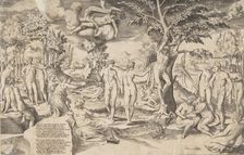 Cupid in the Elysian Fields tied to a tree in the centre, surrounded my many figures, 1563. Creator: Giulio Bonasone