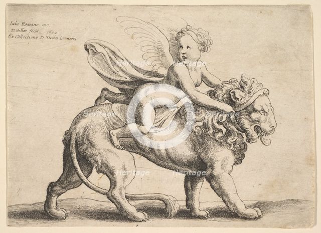 Cupid on a lion, 1652. Creator: Wenceslaus Hollar.
