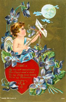 Cupid shooting an arrow carrying a love letter, American Valentine card, 1908. Artist: Anon