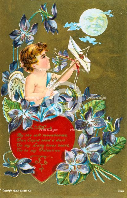 Cupid shooting an arrow carrying a love letter, American Valentine card, 1908. Artist: Anon