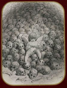 Cupid with a Pistol on Top of a Mountain of Skull