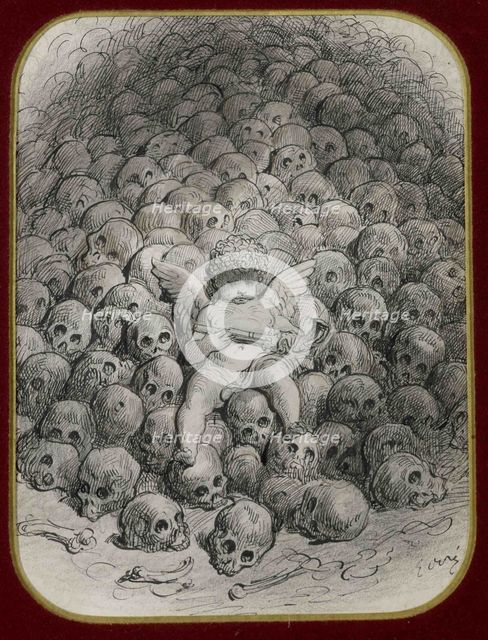 Cupid with a Pistol on Top of a Mountain of Skull.