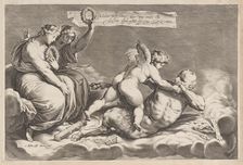 Cupid wrestling with Pan, amongst the clouds, with two allegorical women seated at le..., 1598-1632. Creator: Jacob Matham