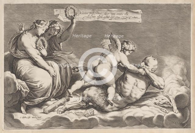 Cupid wrestling with Pan, amongst the clouds, with two allegorical women seated at le..., 1598-1632. Creator: Jacob Matham.