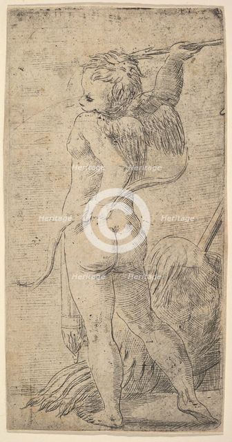 Cupid viewed from behind with an arrow in his raised right hand, ca. 1543-45. Creator: Andrea Schiavone.