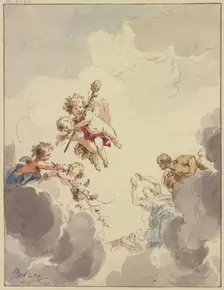 Cupids with a thyrsus and Bacchantes in clouds, 1740. Creator: Jacob de Wit