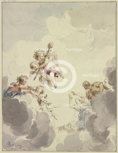 Cupids with a thyrsus and Bacchantes in clouds, 1740. Creator: Jacob de Wit.