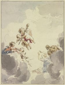 Cupids with a thyrsus and Bacchantes in clouds, 1740. Creator: Jacob de Wit