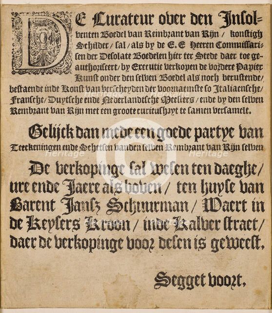 Curateur over the insolvent estate of Rembrandt van Rijn. Announcement of the auction..., 1658. Creator: Historic Object ().