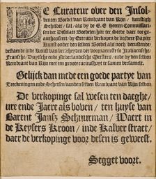 Curateur over the insolvent estate of Rembrandt van Rijn. Announcement of the auction..., 1658. Creator: Historic Object ()