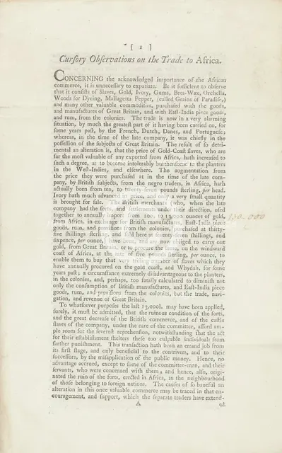 Cursory Observations on the Trade to Africa, 1778-05-04. Creator: Unknown.