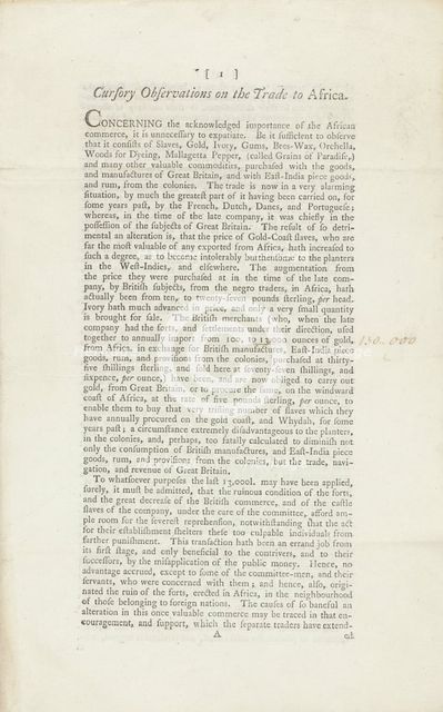 Cursory Observations on the Trade to Africa, 1778-05-04. Creator: Unknown.