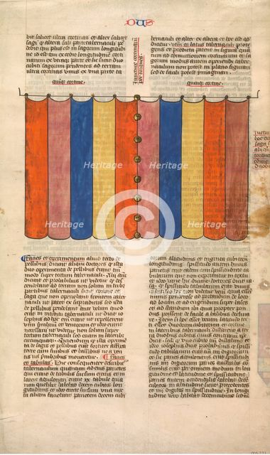 Curtain of the Tabernacle, one of six illustrated leaves from the Postilla Litteralis..., ca. 1360-1 Creator: Nicholas of Lyra.