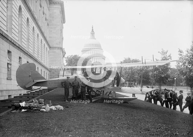 Curtiss Airplane - Curtiss Twin Engine Biplane Exhibited at Senate Office Building, 1917. Creator: Harris & Ewing.