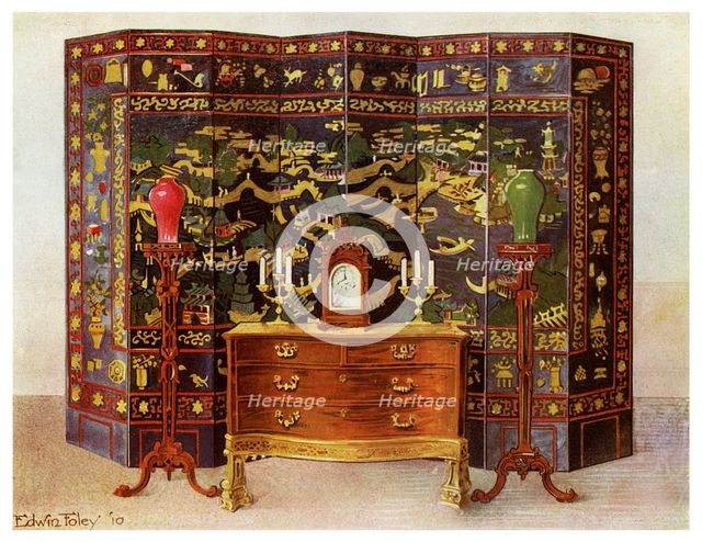 Curved commode table and Chinese lacquered eight fold screen, 1911-1912.Artist: Edwin Foley