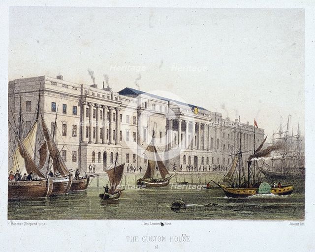 Custom House and River Thames, London, 1854. Artist: Louis Julien Jacottet