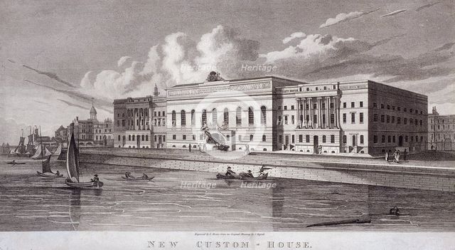 Custom House and River Thames,  London, c1820. Artist: C Rivers