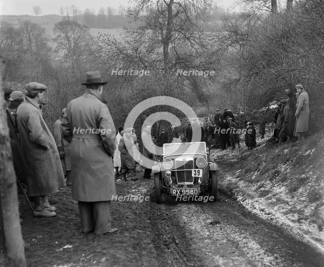 Cycle-winged MG J2 of JR Temple competing at the Sunbac Colmore Trial, Gloucestershire, 1933. Artist: Bill Brunell.