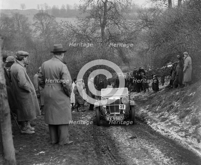 Cycle-winged MG J2 of JR Temple competing at the Sunbac Colmore Trial, Gloucestershire, 1933. Artist: Bill Brunell.