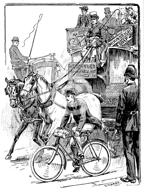 Cyclist in busy London traffic riding a machine of the Rover safety type, 1895. Artist: Stephen T Dadd