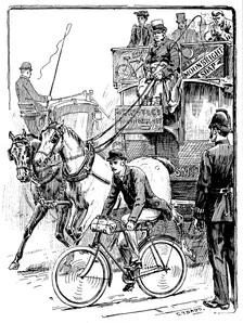 Cyclist in busy London traffic riding a machine of the Rover safety type, 1895. Creator: Stephen T Dadd