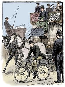 Cyclist in busy London traffic riding a machine of the Rover safety type, 1895. Artist: Stephen T Dadd