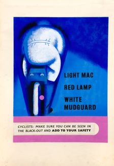 Cyclists - make sure you can be seen in the blackout WWII road safety poster, between 1939-1946. Creators: Central Office of Information, Tom Gentleman