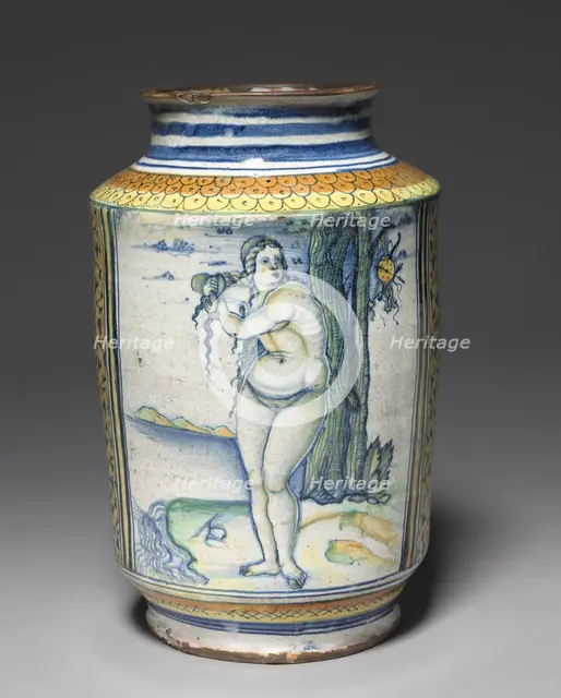 Cylindrical Storage Jar: Venus on the Sea Shore, c. 1507-1510. Creator: Unknown.