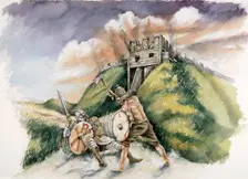 Cynric fighting the Britons at Old Sarum, 552 AD, (c1990-2010). Artist: Peter Dunn