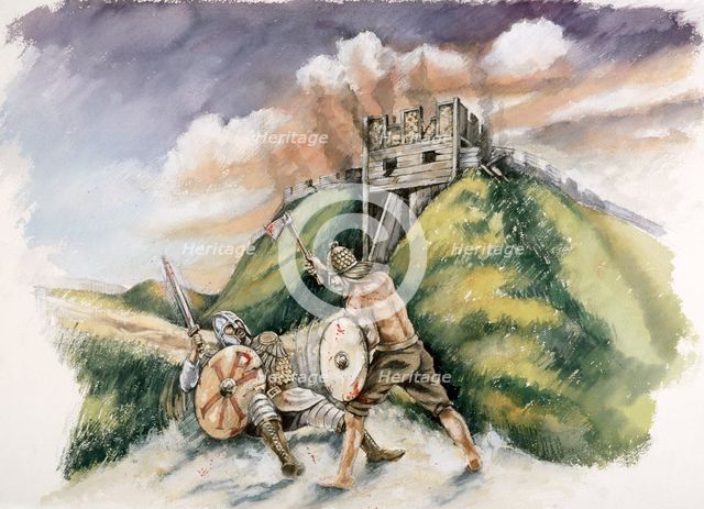 Cynric fighting the Britons at Old Sarum, 552 AD, (c1990-2010). Artist: Peter Dunn.