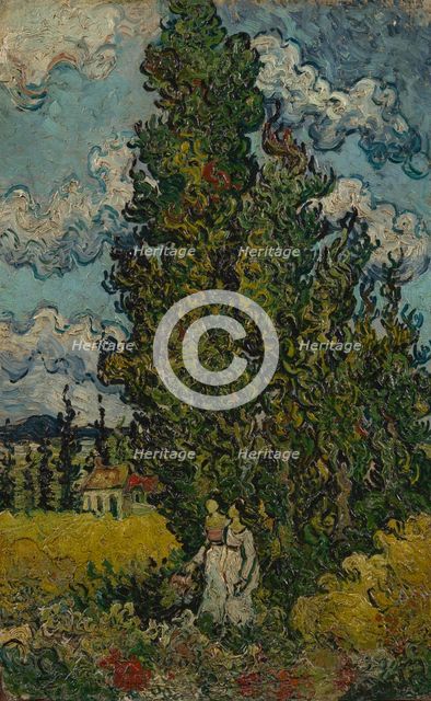 Cypresses and Two Women, 1890. Creator: Gogh, Vincent, van (1853-1890).