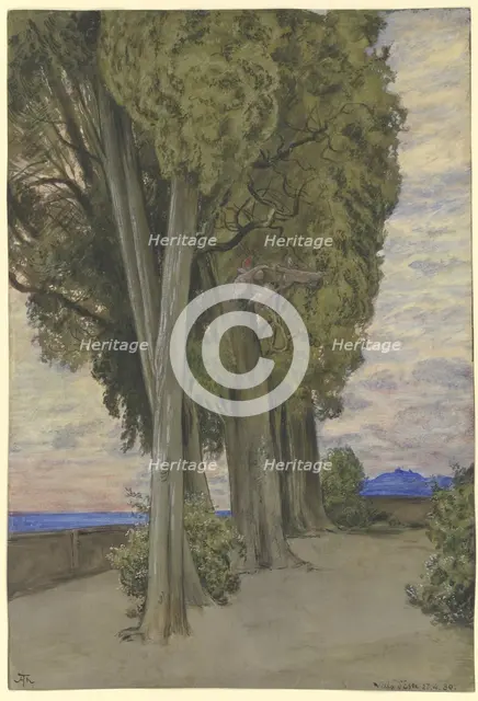 Cypresses in the Villa d'Este, a circle of three putti below the treetops, 1880. Creator: Hans Thoma.