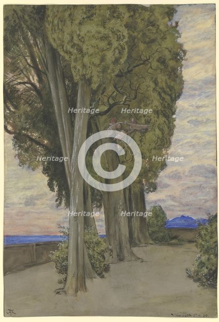 Cypresses in the Villa d'Este, a circle of three putti below the treetops, 1880. Creator: Hans Thoma.