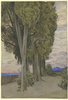 Cypresses in the Villa d'Este, a circle of three putti below the treetops, 1880. Creator: Hans Thoma