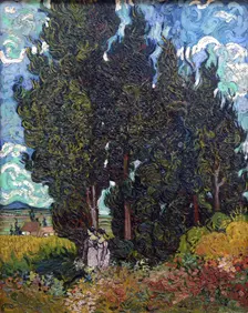 Cypresses with two figures, 1889-1890. Creator: Gogh, Vincent, van (1853-1890)