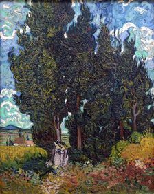 Cypresses with two figures, 1889-1890. Creator: Gogh, Vincent, van (1853-1890)