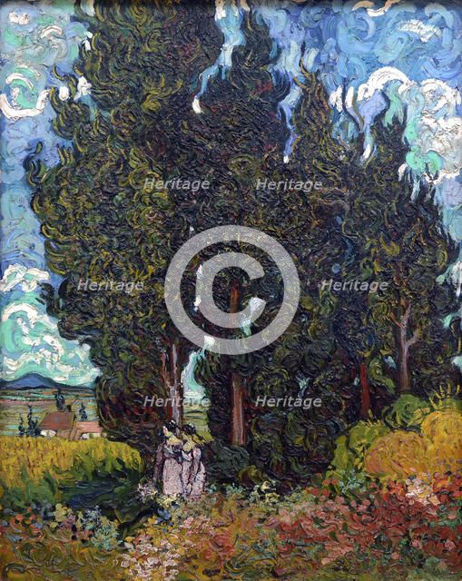 Cypresses with two figures, 1889-1890. Creator: Gogh, Vincent, van (1853-1890).