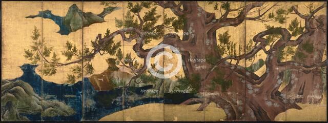 Cypress Tree (Eight folded screen), 1590. Artist: Eitoku, Kano (1543-1590)