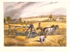 Cyrus McCormick's reaping machine of 1831 (patented 1834), c1851. Creator: Anon
