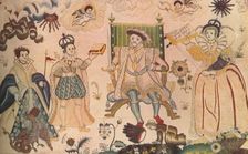A tapestry featuring Henry VIII, Edward VI and Elizabeth I. Thought to be Elizabethan, (1914)