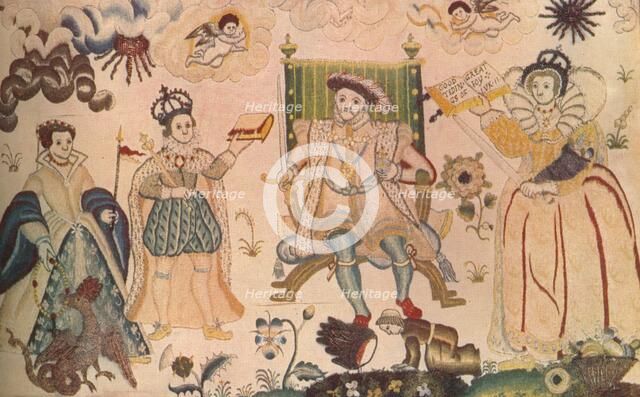 A tapestry featuring Henry VIII, Edward VI and Elizabeth I. Thought to be Elizabethan, (1914). Artist: Unknown